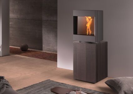 Camino moderno con fiamma, su un piedistallo in legno scuro, in un soggiorno contemporaneo.