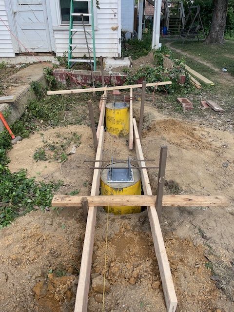 Construction site with two yellow concrete footings in a trench, wooden supports, and a house in the background.