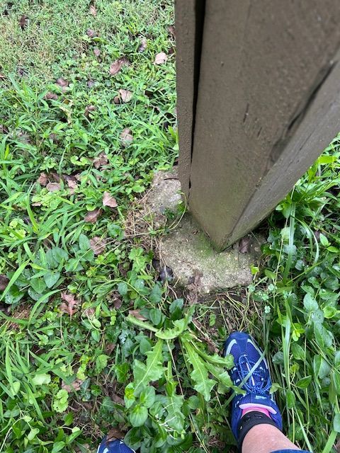 Foot wearing a blue sneaker beside a concrete base supporting a wooden post in grassy area.