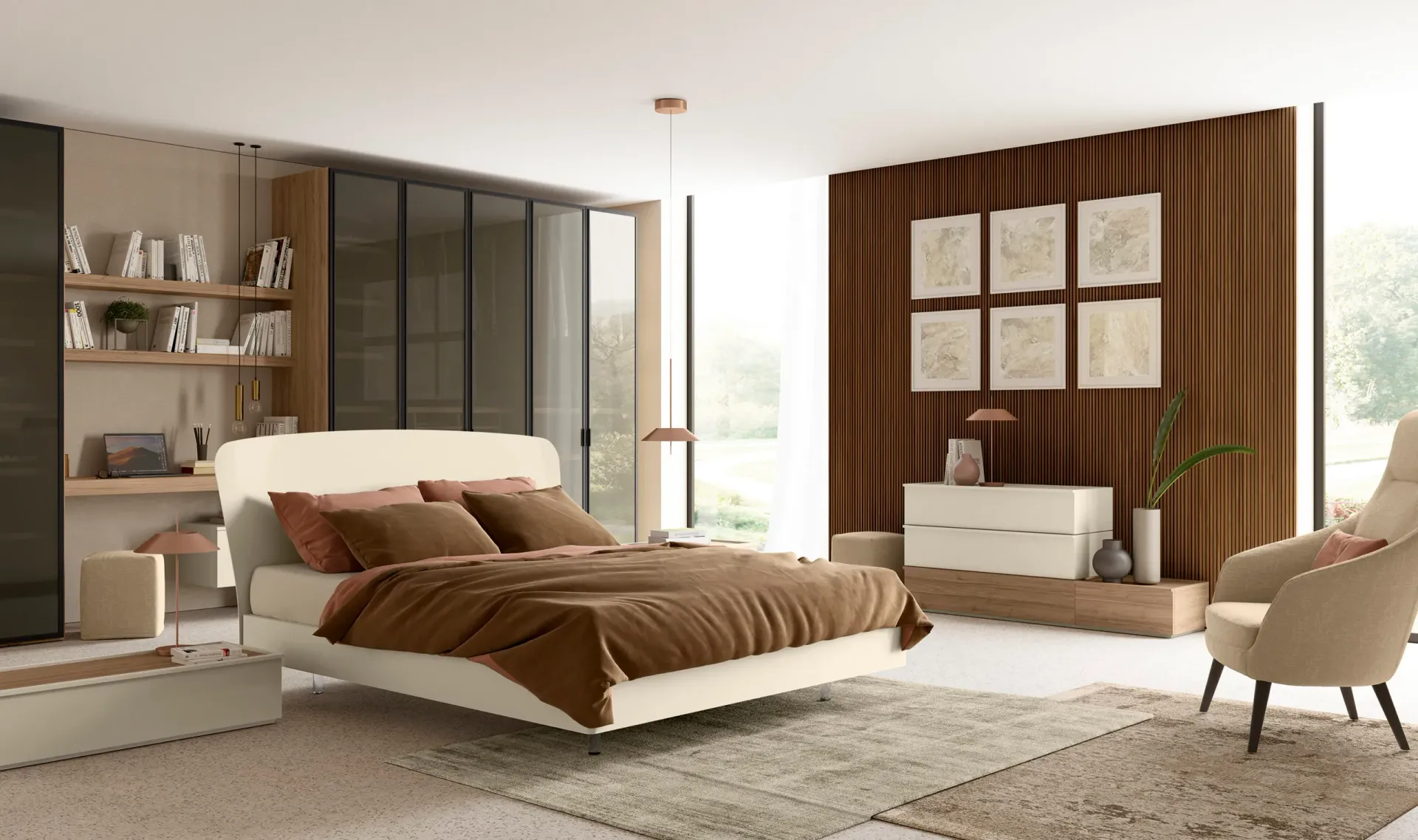 camera letto con parete attrezzata