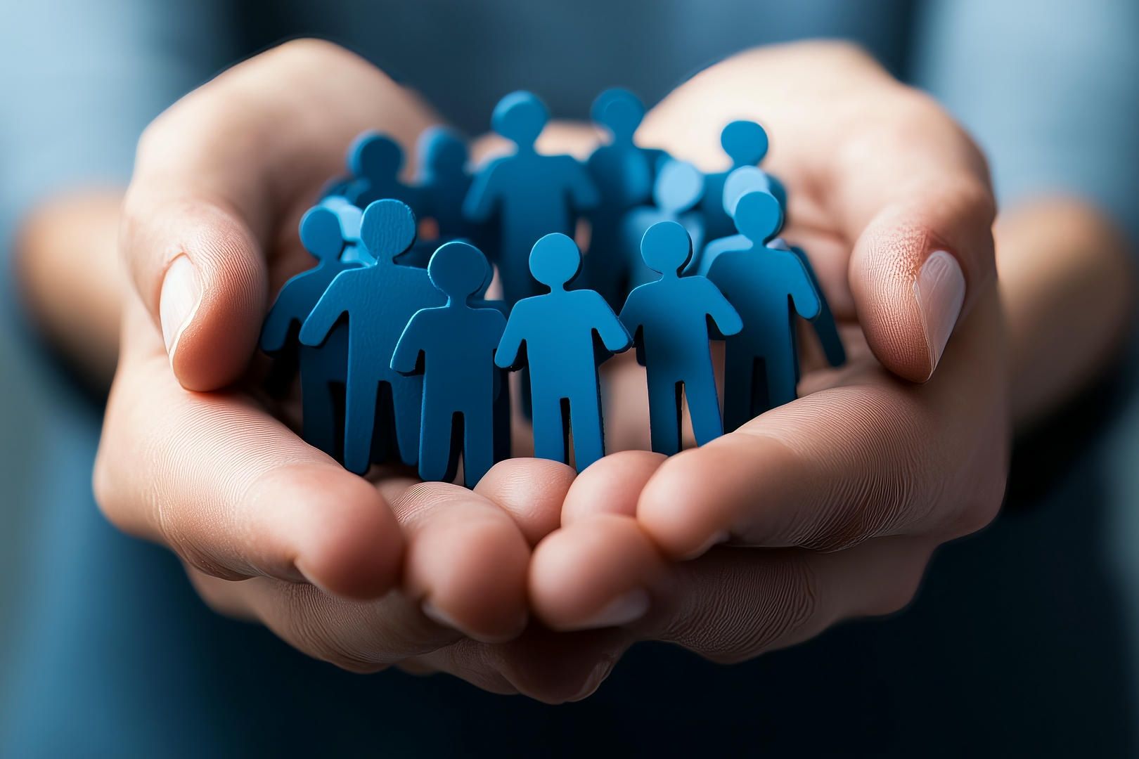 A person is holding a group of blue people in their hands.