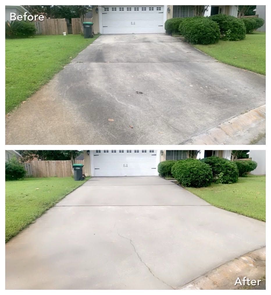Before-and-after of a driveway repaired from cracked gray to smooth light concrete.