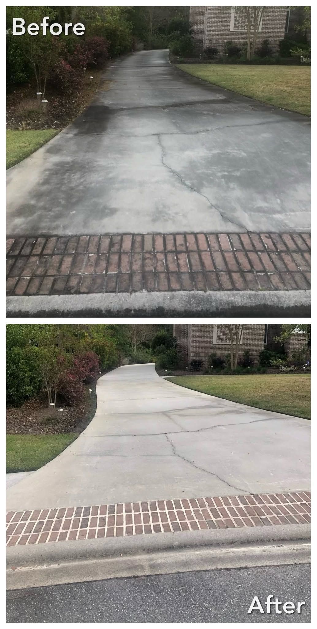 Before-and-after of a cracked driveway repaired to a smooth gray surface with brick edge pavers.