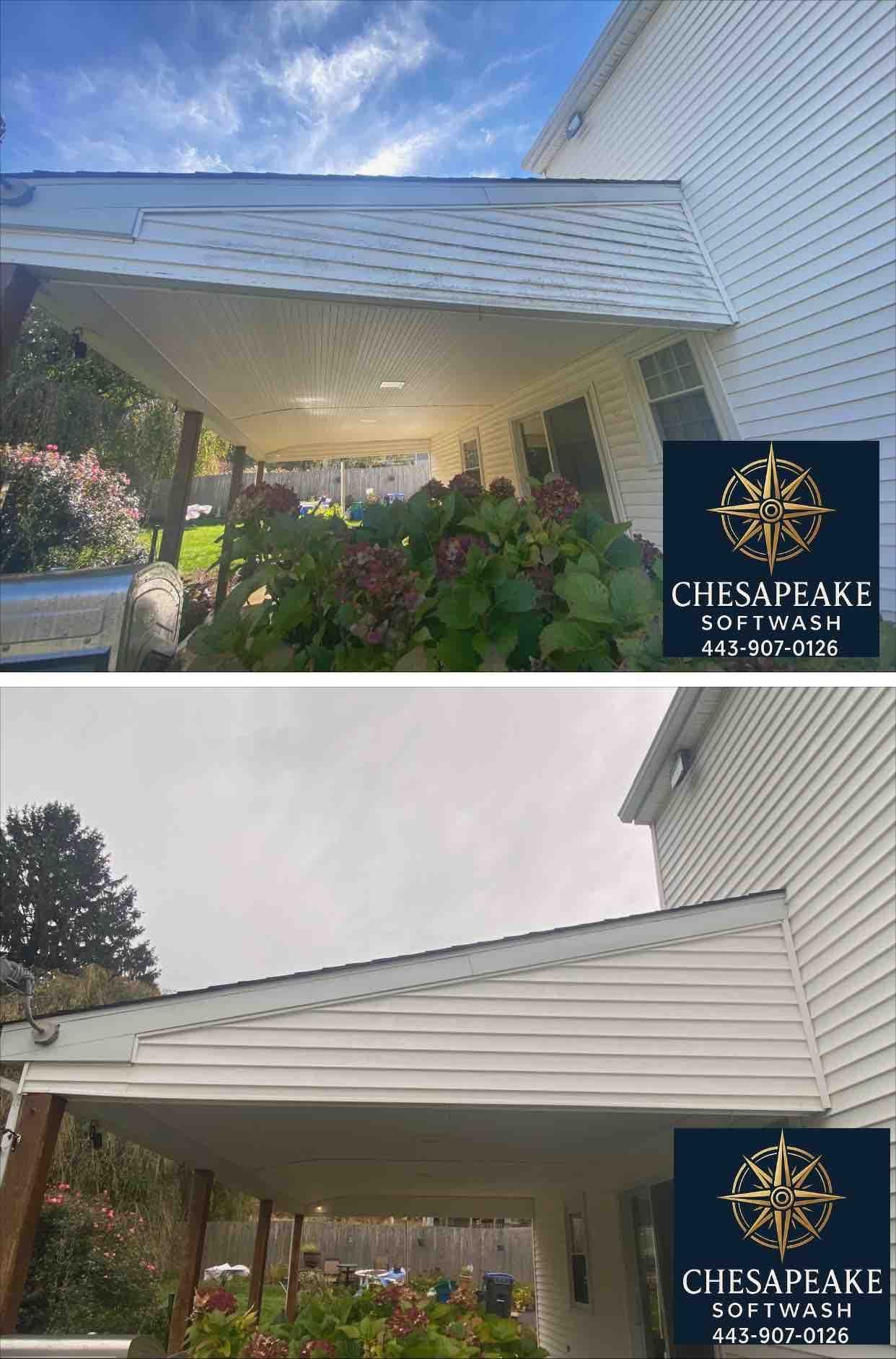Before-and-after view of a white covered entrance with a gutter and landscaping, under a blue sky.