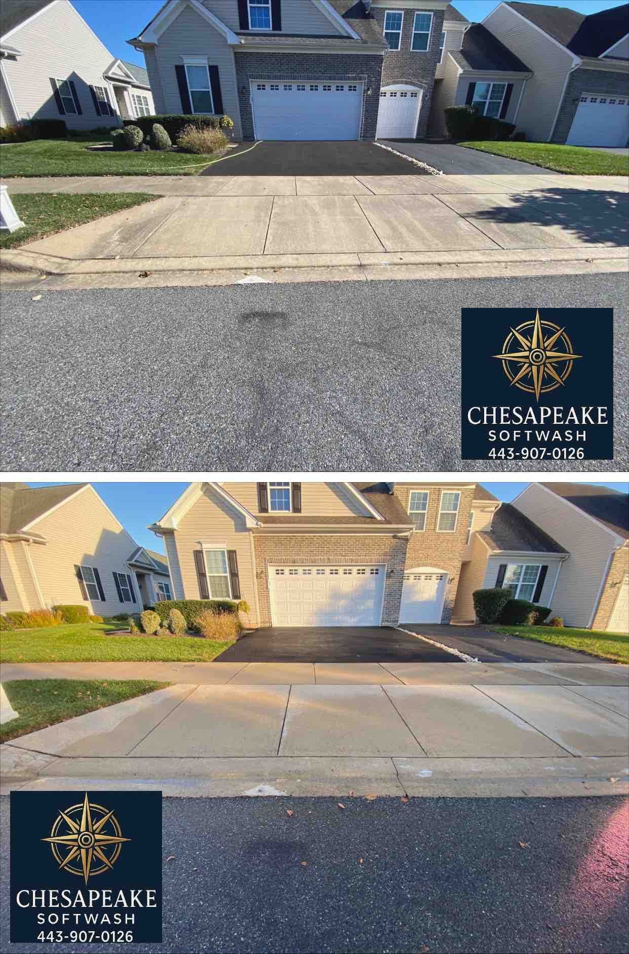 Before-and-after view of a concrete driveway and front house exterior with a Chesapeake logo watermark