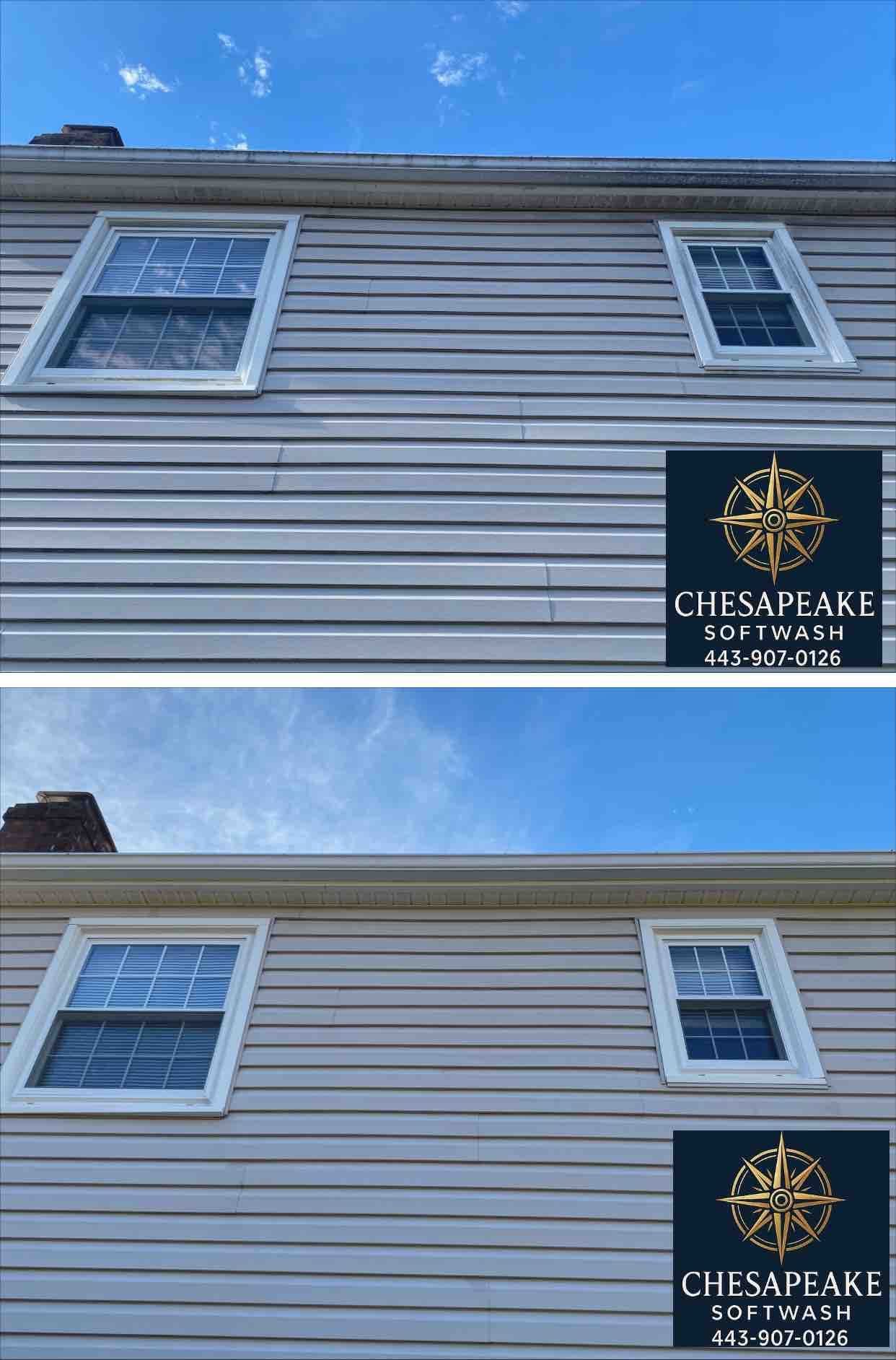 Two photos of a house exterior with gray siding, white windows, blue sky, and a Chesapeake Bay sign.
