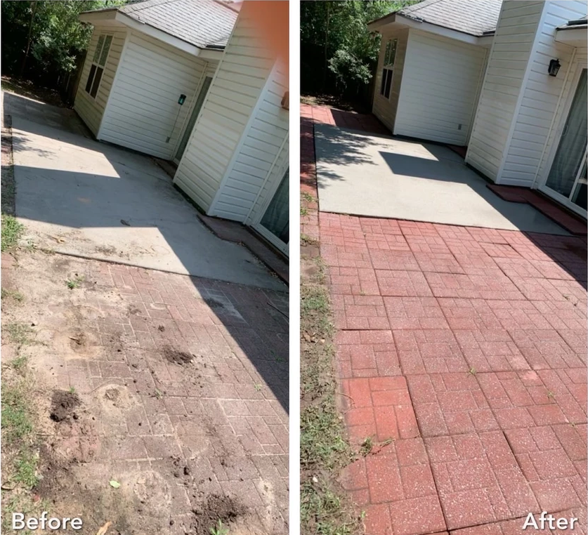 Split view of a driveway before and after paving, showing damaged concrete replaced with red brick pavers