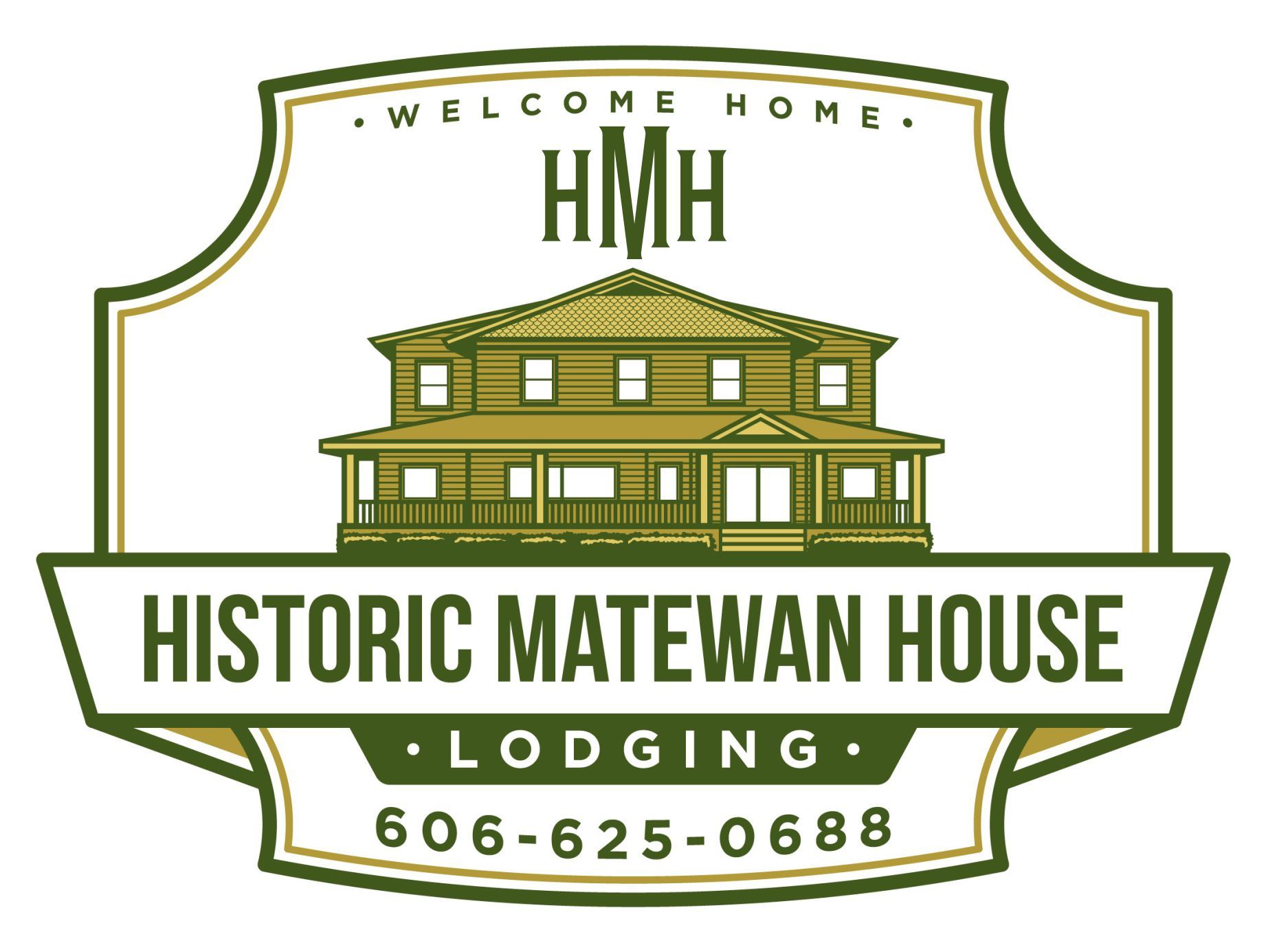 Historic Matewan House lodging logo with building illustration, “Welcome Home,” and phone number 606-625-0688