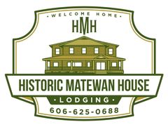 Historic Matewan House lodging logo with building illustration, “Welcome Home,” and phone number 606-625-0688