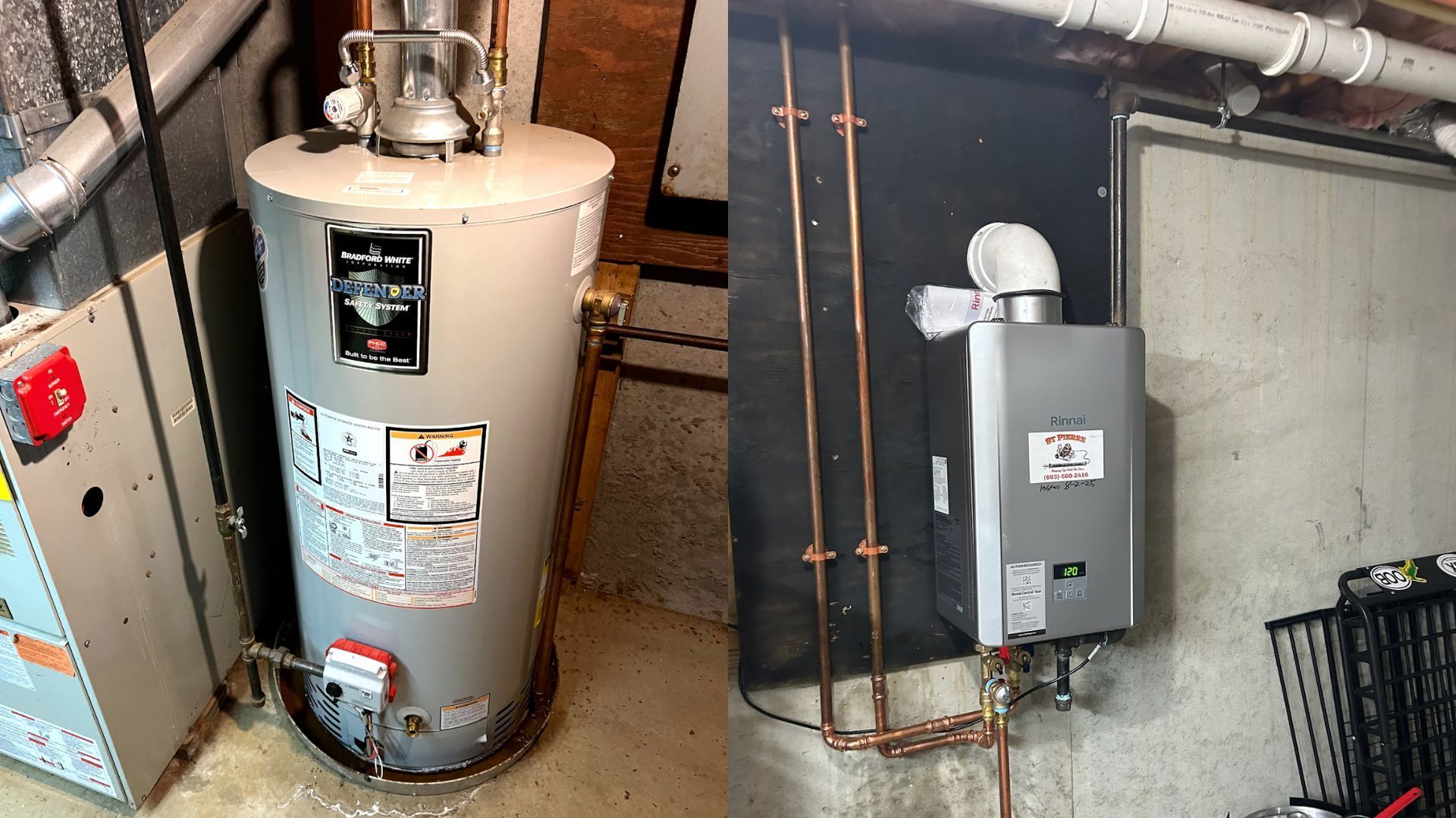 A wall-mounted, silver tankless water heater with copper pipes in a basement.