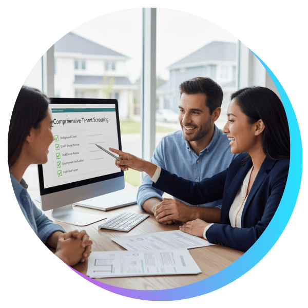 A property manager pointing to a computer screen displaying a comprehensive tenant screening checklist including background checks, credit score review, and employment verification, while discussing with a couple.