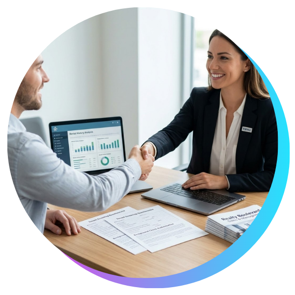 smiling leasing agent in professional attire shaking hands with a new tenant across a desk