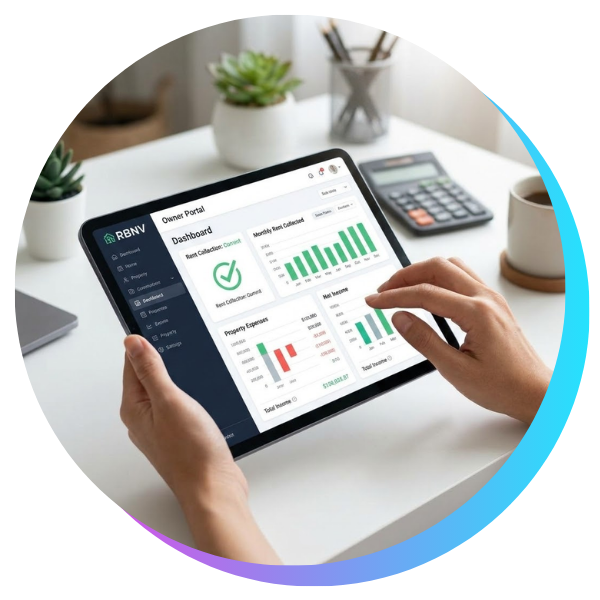 clean, legible property owner financial dashboard on an iPad