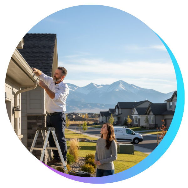 contractor fixing gutter while homeowner stands next to him