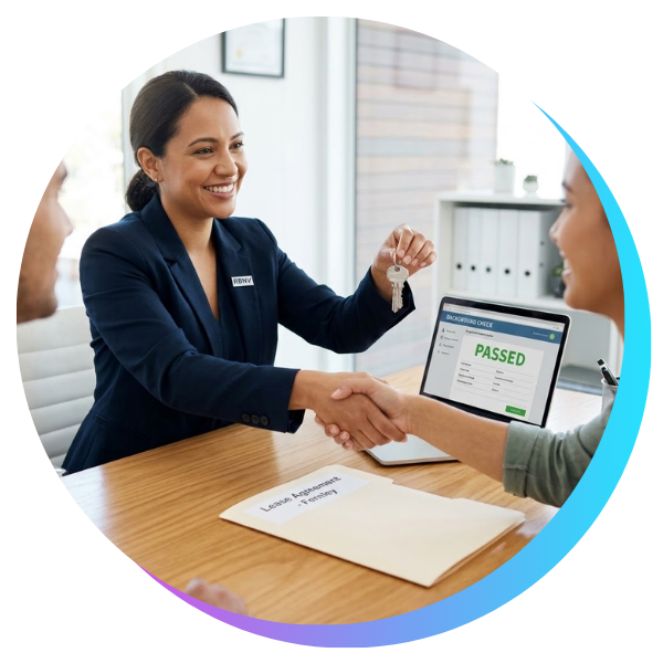 smiling property manager handing house keys to a happy couple over a desk