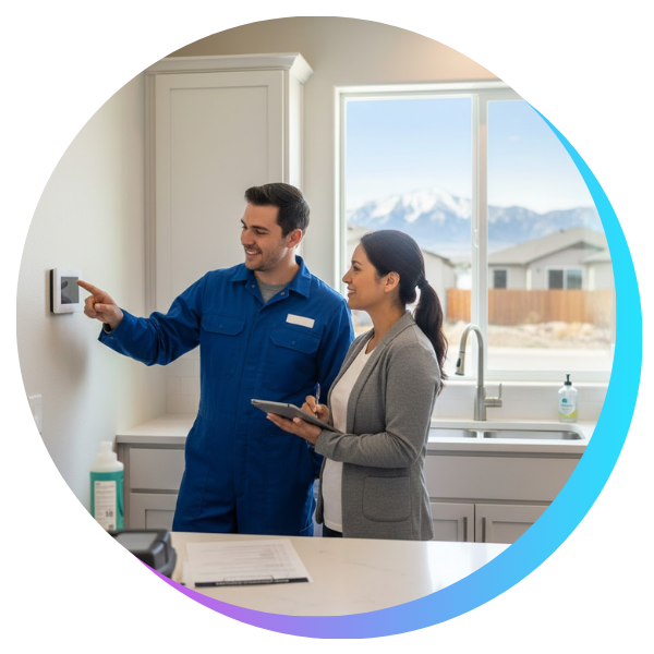 contractor pointing a thermostat with homeowner