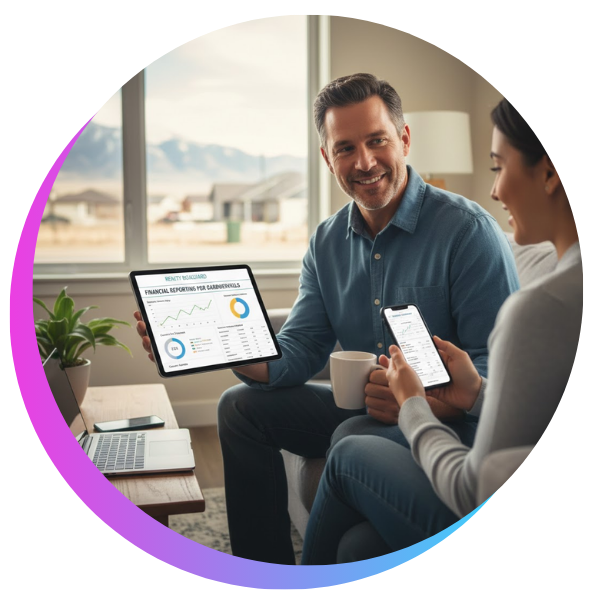 Property managers sitting on a couch reviewing information on devices