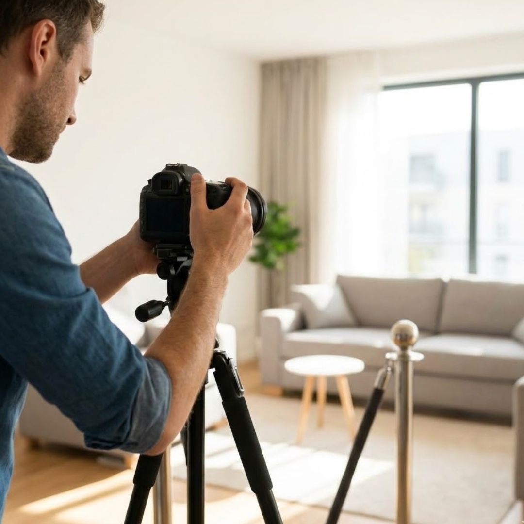 A photographer sets up a DSLR camera on a tripod to take photos of a sunlit living room.