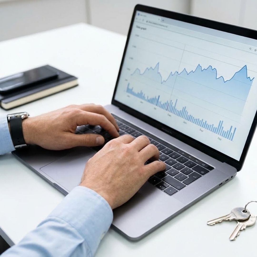 A close-up view of hands typing on a laptop next to a graph and house keys.