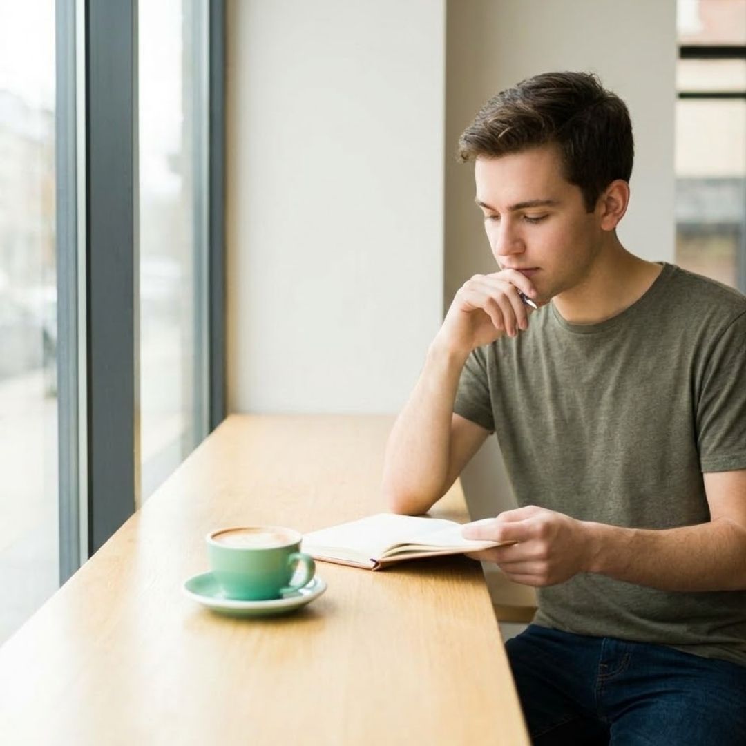 A young copywriter brainstorms with a notebook and coffee in a bright cafe.