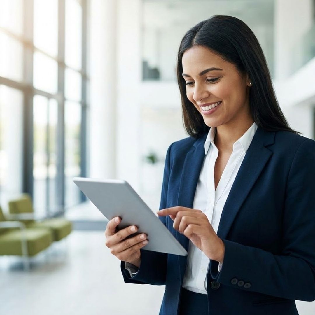 Smiling professional swiping on tablet in modern office lobby.