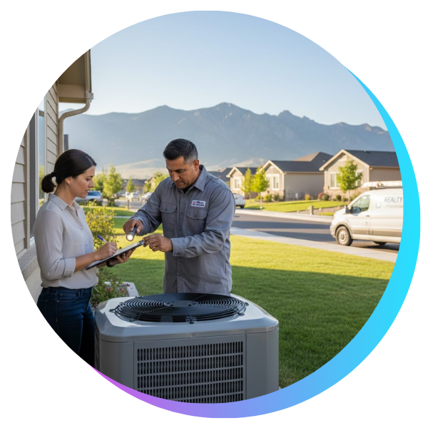HVAC contractors giving paperwork to a homeowner  next to HVAC system