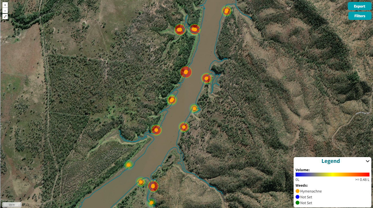 weed spraying along river showing operator path