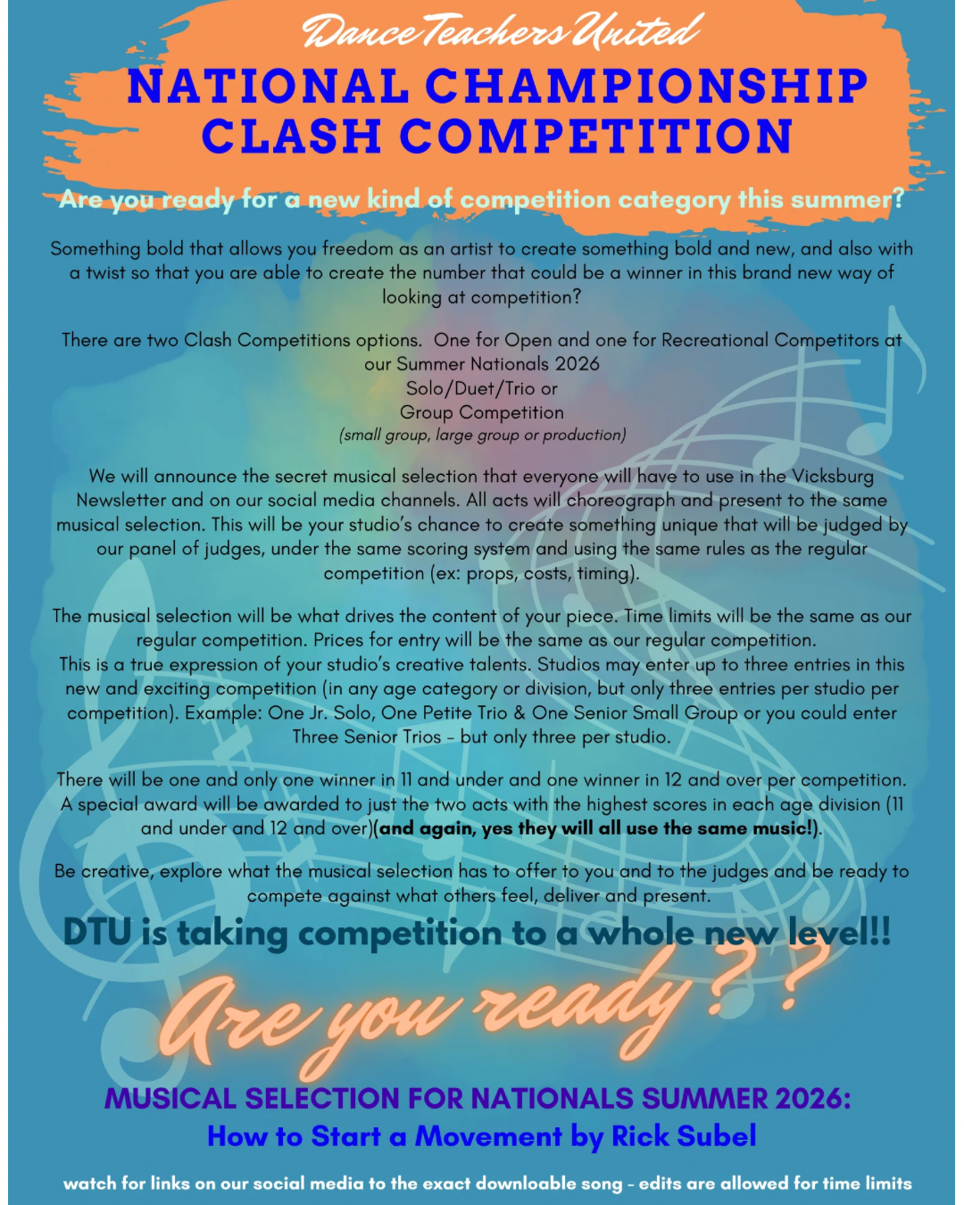 Dance competition flyer: National Championship. Text in orange and black. 