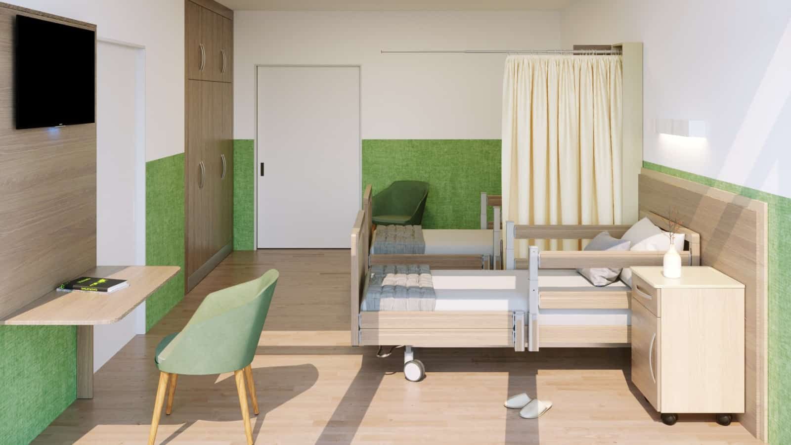 Hospital patient room with adjustable medical bed and privacy curtain.