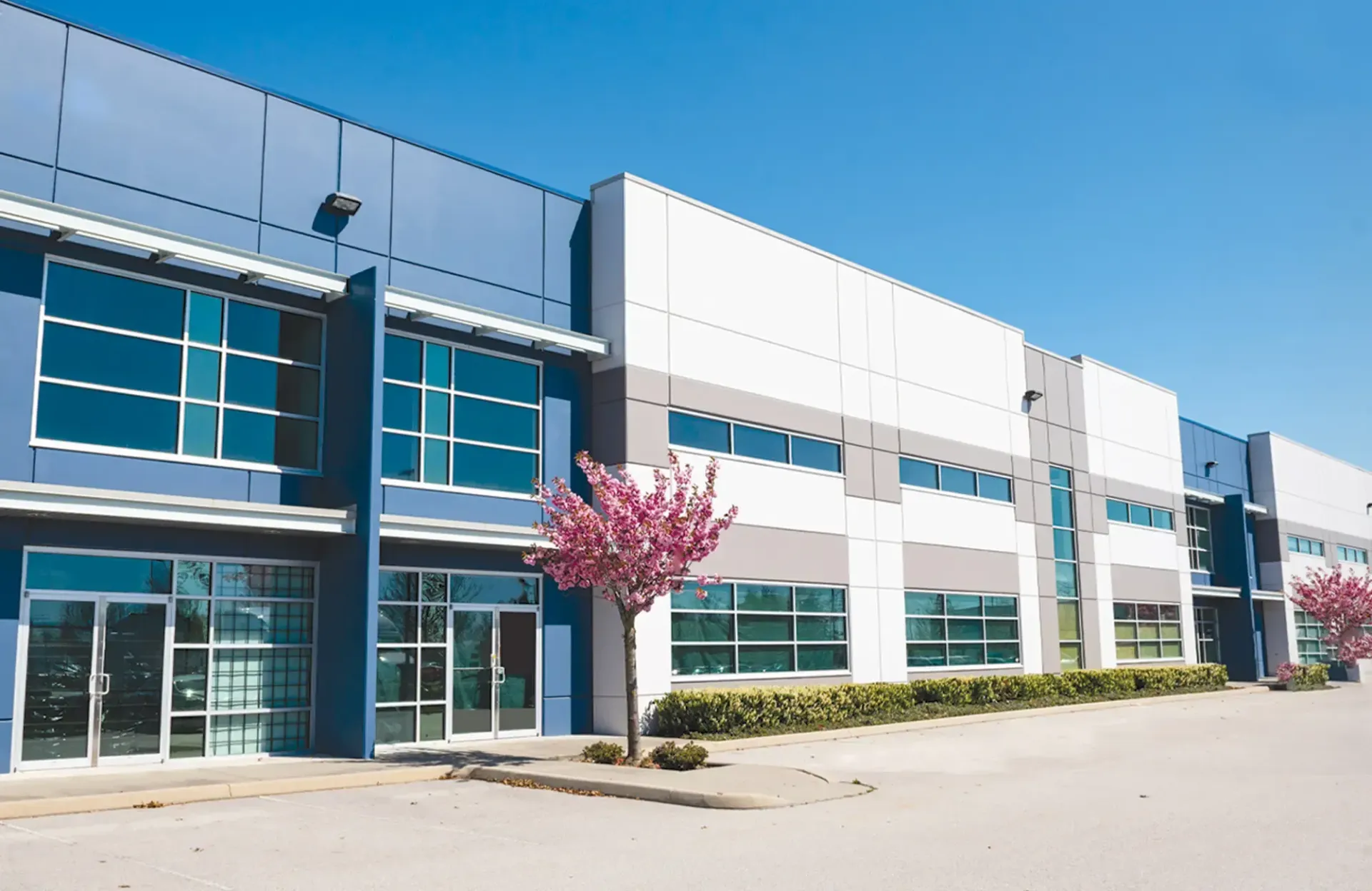 A blue and white building with a tree in front of it