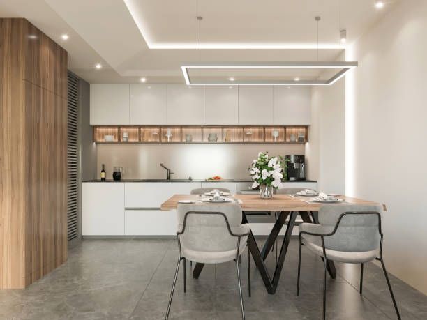 Contemporary kitchen with sleek polished concrete flooring and minimalist design