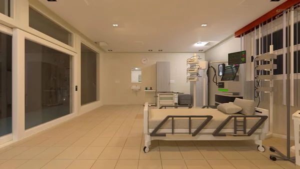Private hospital room with medical bed and life support equipment.