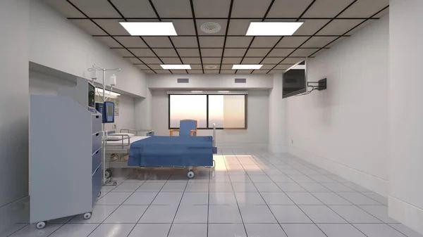 Modern hospital patient room with medical equipment and monitoring systems.