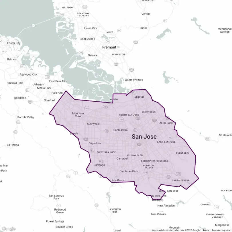 A map of san jose with service area for Iris Mechanical business.