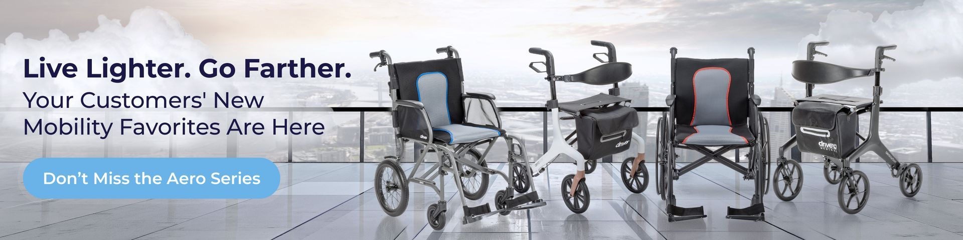 Promotional banner with mobility scooters and the text “Live Lighter. Go Farther.”