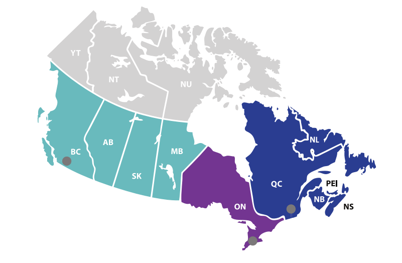 map of Canada highlighting East Coast, British Columbia west to Manitoba and Toronto