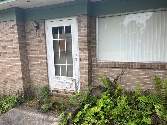 Brick apartment entrance with white door, large window, and overgrown ferns along the base