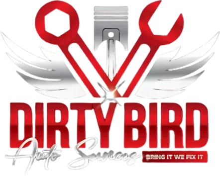 A logo for dirty bird auto services shows a piston and wrenches