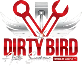 A logo for dirty bird auto services shows a piston and wrenches
