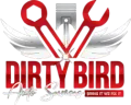 A logo for dirty bird auto services shows a piston and wrenches