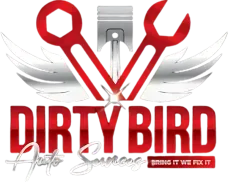 A logo for dirty bird auto services shows a piston and wrenches