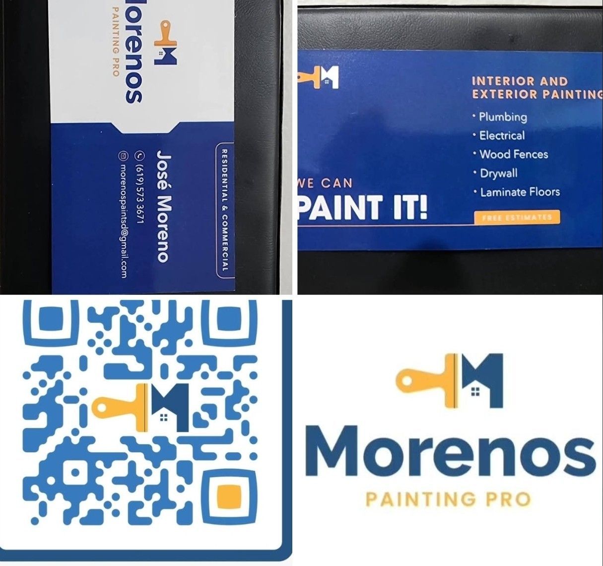 Business cards and logo for "Morenos Painting Pro," featuring a logo and services.