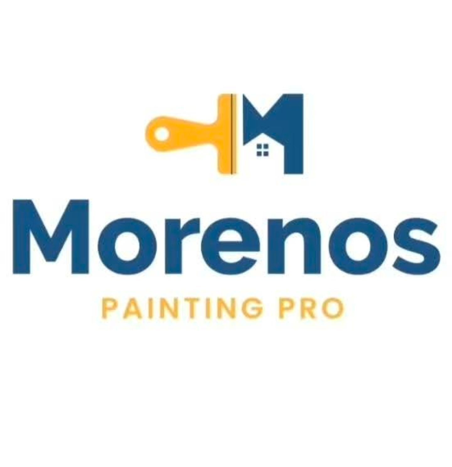 Logo for Morenos Painting Pro. Features a yellow paintbrush inside a blue "M" with a house icon.