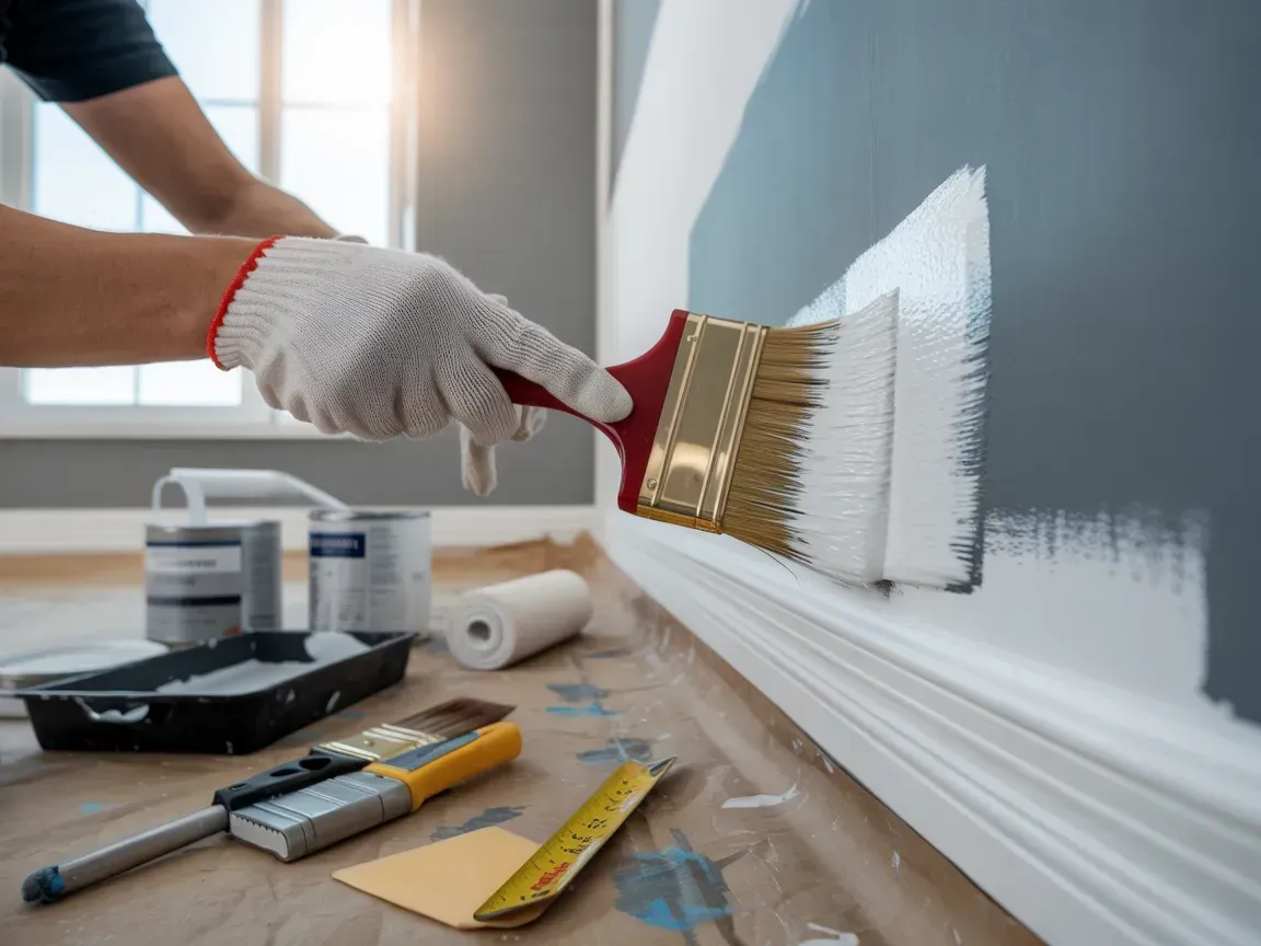 Person painting a wall white with a brush, indoor setting with paint supplies, and a window.