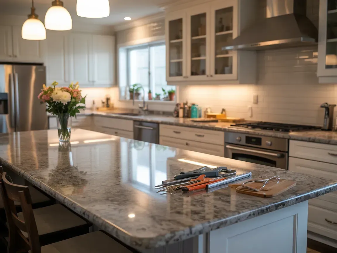 Modern kitchen with white cabinets, granite countertop, stainless steel appliances, and a bouquet of flowers.