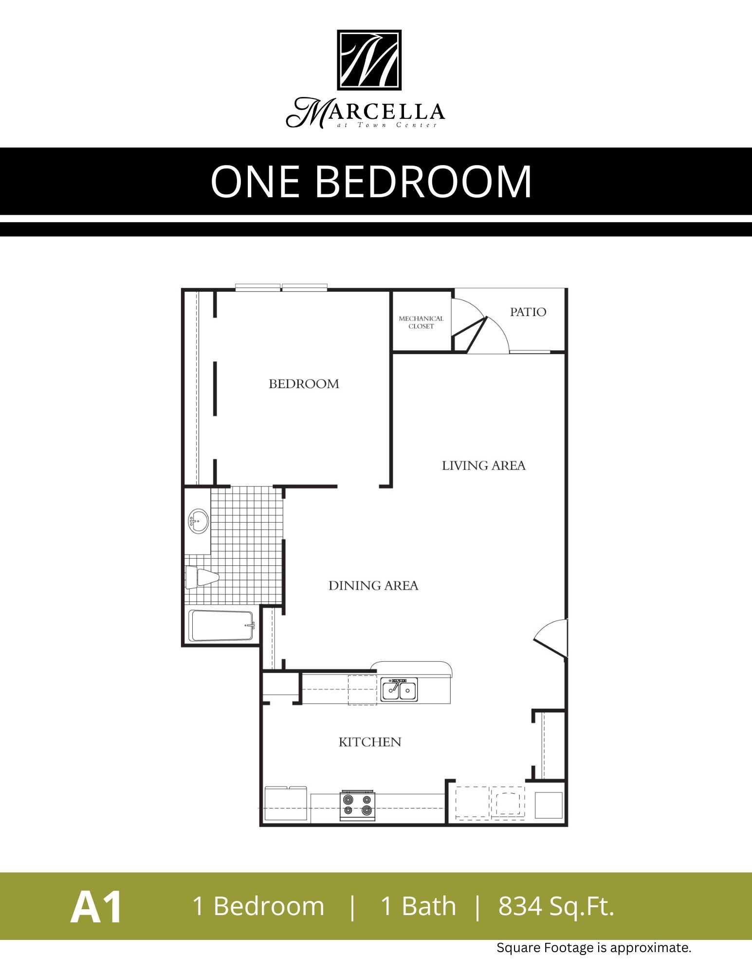 A black and white floor plan of a one bedroom apartment.