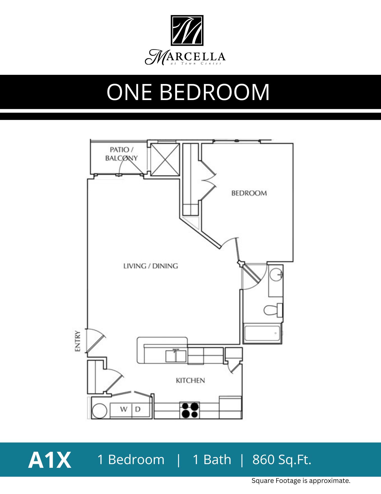 A black and white floor plan of a one bedroom apartment.