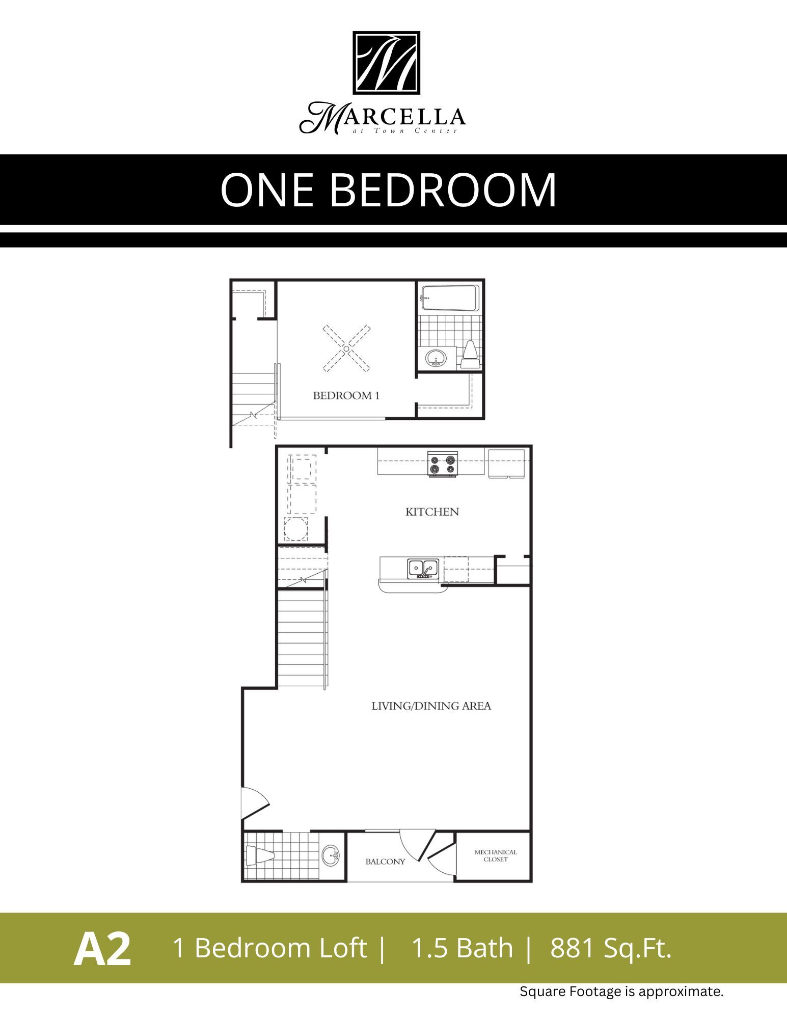 A floor plan of a one bedroom apartment with a bedroom loft.