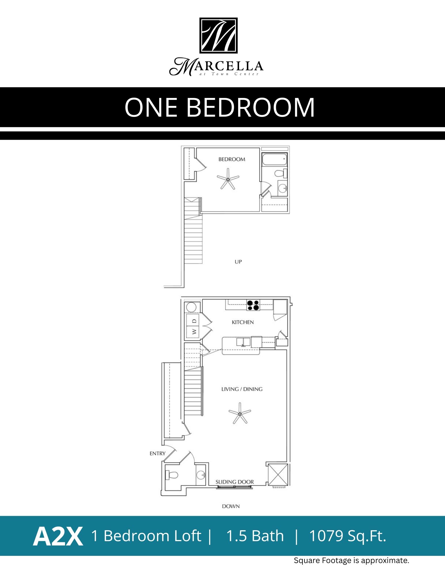 A black and white floor plan of a one bedroom apartment.