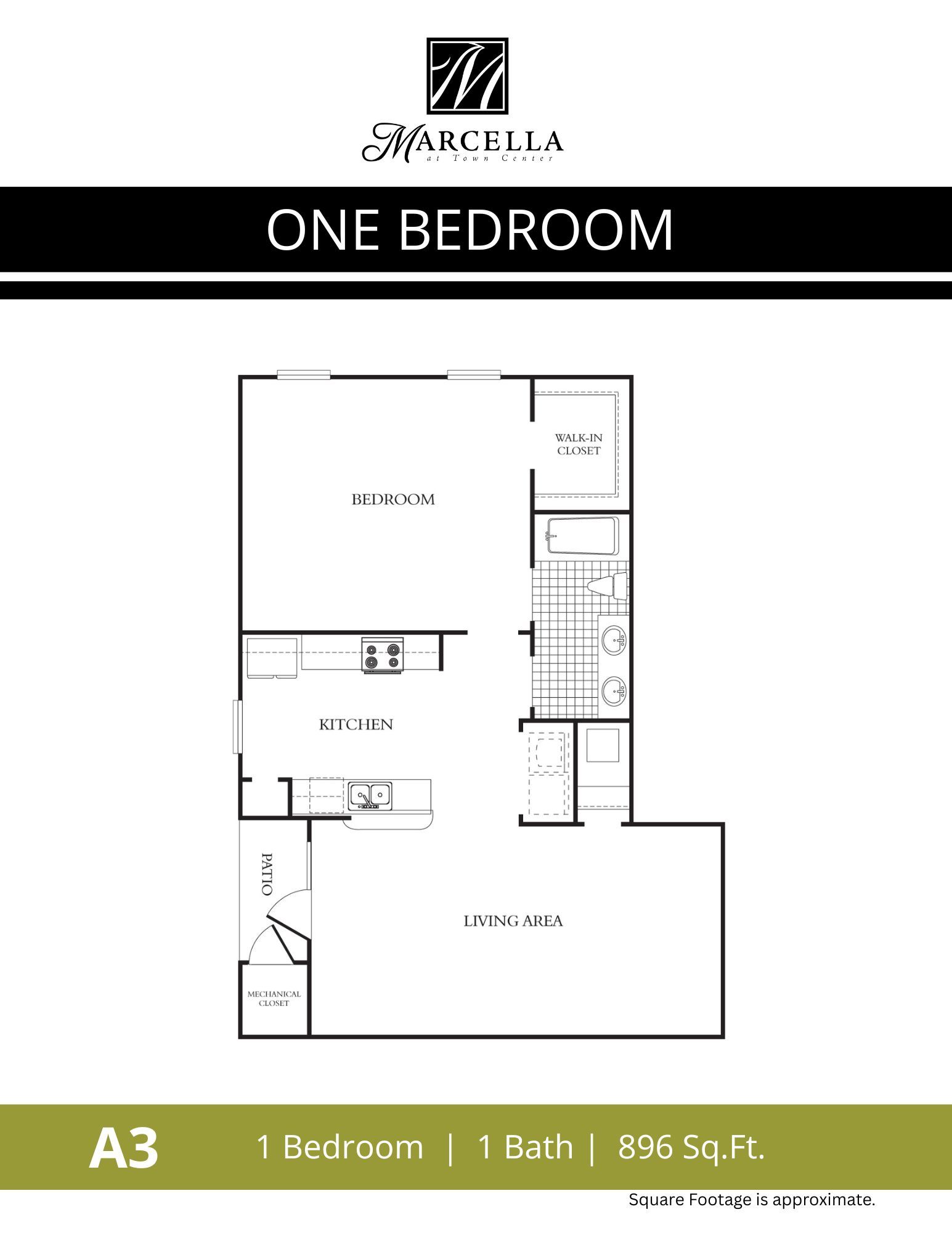 A black and white floor plan of a one bedroom apartment.